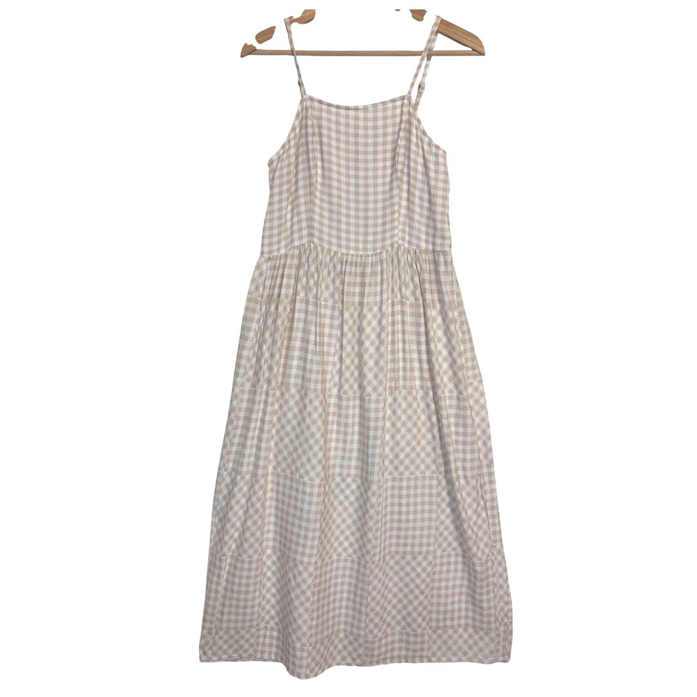 Gingham Midi Dressβ Womens L Beige White Cotton Linen Blend Boho Cottage Summer